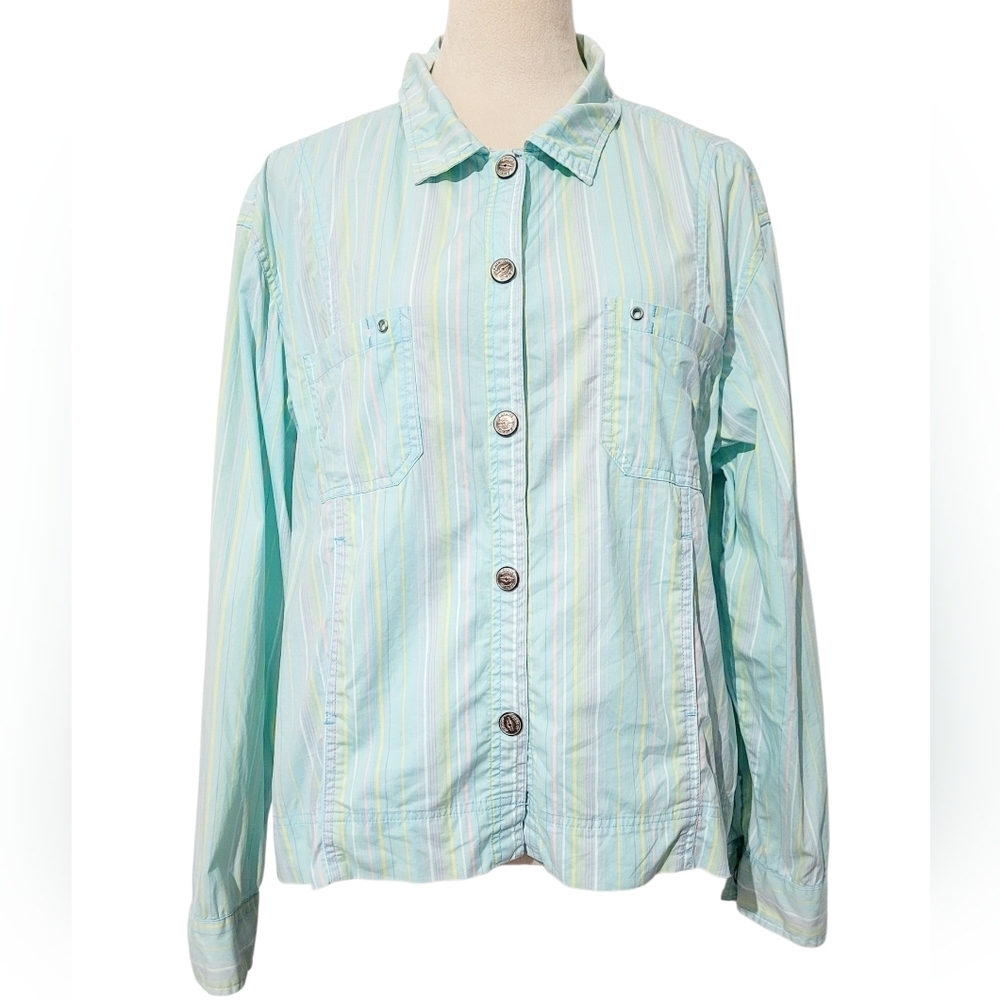 Lulu-B Women’s Button Front Jacket Shirt Pastel Stripe Cotton Blend Size Large - Picture 2 of 14